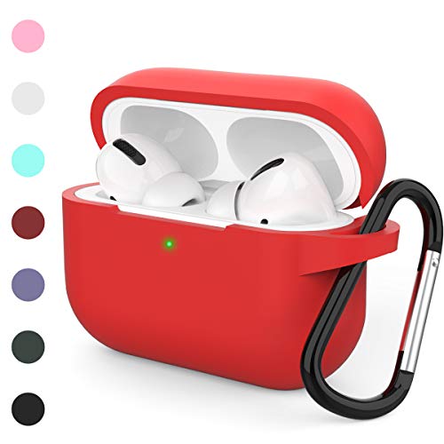 Product Cover HUMENN Protective Cover Compatible with AirPods Pro Case, Shock-Absorbing Soft Slim Silicone Case Cover for Airpods pro 2019 [Front LED Visible] with Keychain(Red)