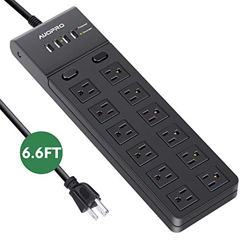 Product Cover Power Strip with USB, AUOPRO Grounded Surge Protector with 12 Outlets and 4 USB Ports(5V/4.2A),Wall Mountable Desktop Charging Station,6.6FT Extension Cord for Computer Laptop/Smart Phone/Home/Office