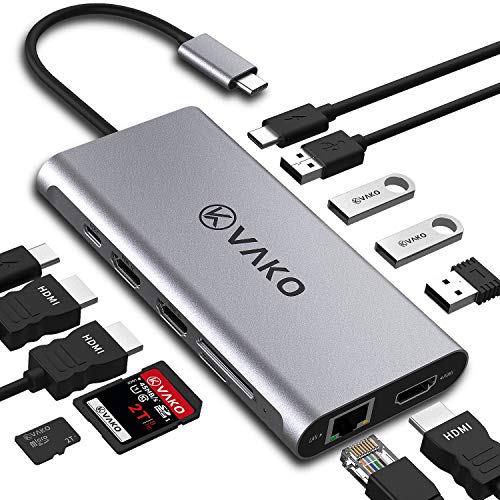 Product Cover USB C Hub, USB-C Docking Station, VaKo 12 in 1 Type C Hub Laptop Adapter with 4K HDMI Triple Display and 100W Type-C PD Charging Port for MacBook, USB 3.0 Ports, RJ45 Ethernet, TF/SD Card Reader