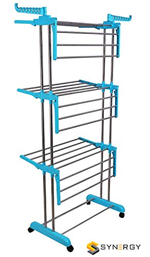 Product Cover SYNERGY - Heavy Duty Rust Free Stainless Steel Foldable Compact Storage Double Pole Cloth Drying Stand/Clothes Dryer Stands/Laundry Racks with Wheels for Indoor/Outdoor/Balcony (Blue)