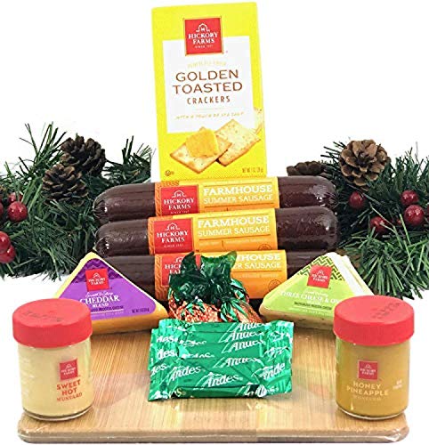 Product Cover Hickory Farms Gift Basket and Bamboo Cutting Board Gift Set - Gourmet Christmas Edition with Beef Summer Sausage, Cheese, Crackers, and BONUS Andes Mints