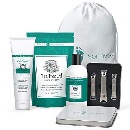 Product Cover TEA TREE NATURAL FOOT CARE TREATMENT-Gift Set for Athletes Foot, Fungi and Body Odor. Includes: Tea Tree Anti Fungal Foot & Body Wash, Foot Soak, Foot & Body Cream & Nail Clipper Set-Made in the USA