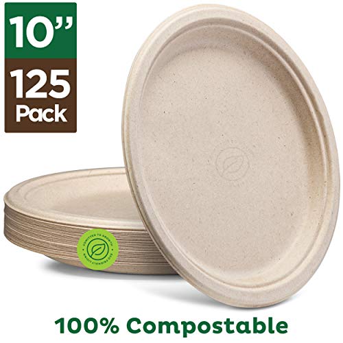 Product Cover 100% Compostable Paper Plates 10 inch Bulk {125-Pack] Disposable Plates Heavy-Duty Quality, Natural Bagasse Eco-Friendly Biodegradable Made of Sugar Cane Fiber, Large 10