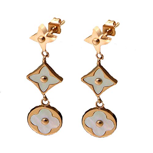 Product Cover Women's Fashion Earrings Korean Style Three Icon Drop Earrings Stainless Steel Rose Gold (rose gold white)