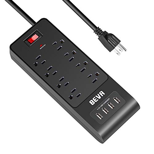 Product Cover Surge Protector Power Strip with USB Ports, 4 USB 8 Outlets Mountable Power Strip with 6 FT Long Extension Cord, 1875W/ 15A, 300 Joules, for Smartphone Tablets Home,Office & Hotel- Black