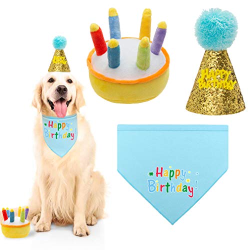 Product Cover KOOLTAIL Dog Birthday Bandana with Hat&Toy Set - Squeaky Cake Chew Toy Cone Crown Triangle Scarf Pink Style for Dogs Birthday Party Outfit Supplies Suitable for Small Medium Dog Puppy Blue