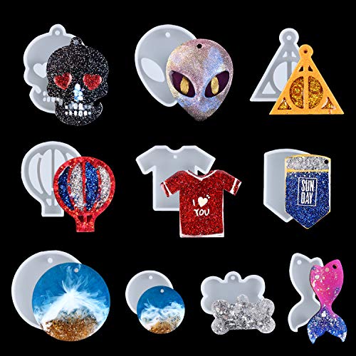 Product Cover LET'S RESIN Keychain Resin Molds 10PCS Silicone Resin Molds with Circle, Dog Bone, Alien Epoxy Mold, Silicone Molds for Making Keychain/Badge/Pendant