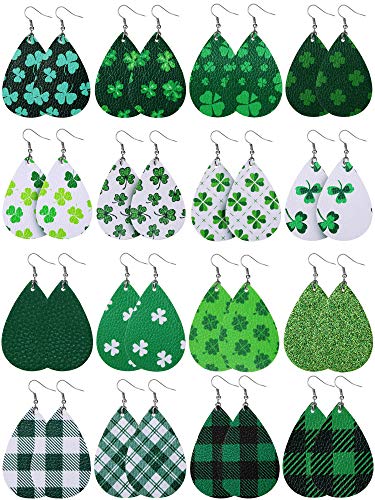 Product Cover 16 Pairs St. Patrick's Day Shamrock Dangle Earring Faux Leather Clover Drop Earrings Green Plaid Teardrop Earrings