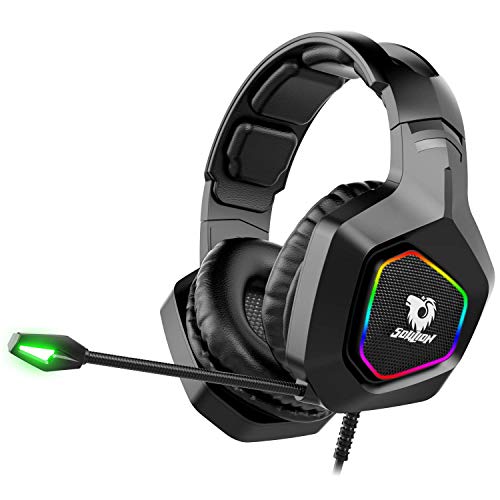 Product Cover Soulion Tracer 30 PC Gaming Headset, Virtual 7.1 Stereo Surround Sound Headphones with Noise Cancelling Microphone, RGB Lights, USB Plug for Laptops Computers