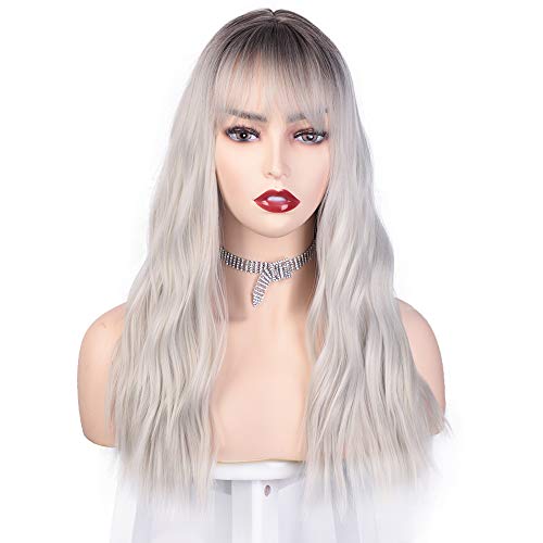 Product Cover Vigorous Ombre Silver Wigs with Bangs Synthetic Wavy Wigs for Women Dark Roots Gray Medium Length Wig natural looking wigs for Party Cosplay Daily Use 18