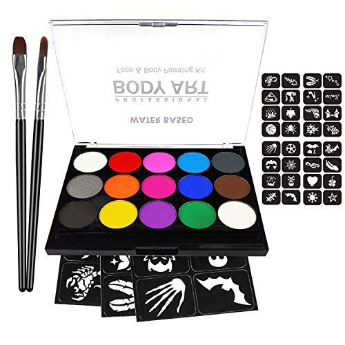 Product Cover Face Paint Kit for Kids and Adults, Professional Quality Face Body Painting, 15 Vibrant Colors with 2 Brushes 32 Stencils, Hypoallergenic Safe Non-Toxic, Ideal for Halloween Party Cosplay Costumes