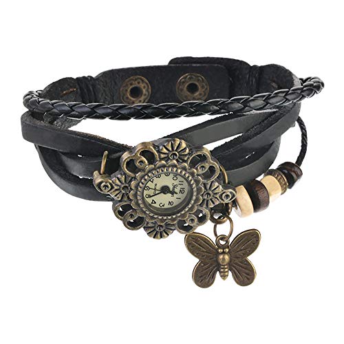 Product Cover Souarts Brown Weave Wrap Artificial Leather Strap Bracelet Watch with Butterfly Charm