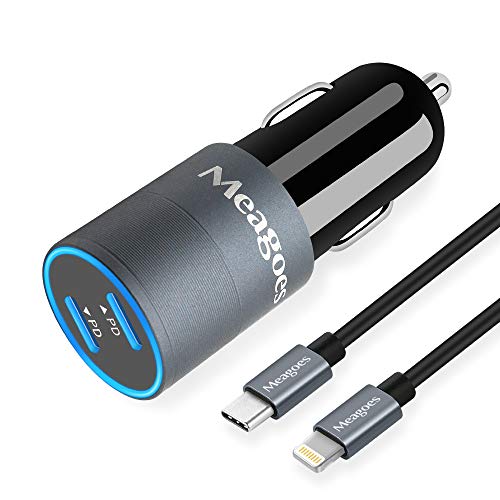 Product Cover Meagoes USB C Fast Car Charger, Compatible for iPhone 11 Pro Max/11 Pro/11/XS MAX/XS/XR/X/8 Plus/8/iPad Mini 5/Air 3, Dual 18W Power Delivery Ports Adapter with 3.3ft MFi Certified Lightning Cable