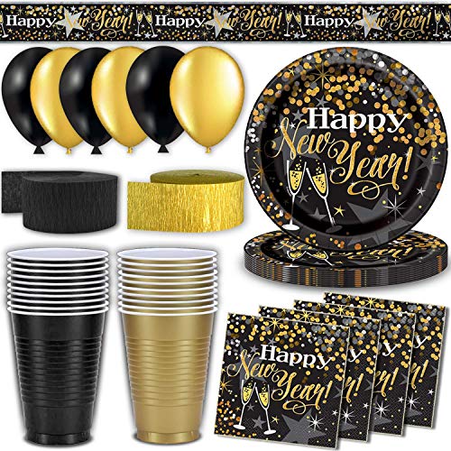 Product Cover New Years Eve Party Supplies 32 Servings - Paper Plates 9 inch, Party Cups 16 oz, Napkins, 12 ft Banner, 2 Crepe Streamers (81 ft Each), 30 Balloons, Great Tableware & Decoration Set
