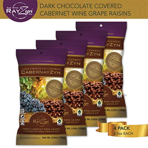 Product Cover Dark Chocolate Covered CabernayZyn| Gourmet Dark Chocolate Coated Cabernet Wine Raisins by RayZyn | Four (4) 4.5 oz Bags | Vegan, Non-GMO, Kosher Certified