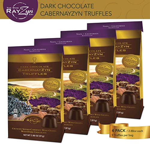 Product Cover Dark Chocolate CabernayZyn Truffles | Gourmet Dark Chocolate Covered Cabernet Wine Raisins by RayZyn | 2.88 oz Gift Bag, 4-Pack | Vegan, Non-GMO, Kosher Certified
