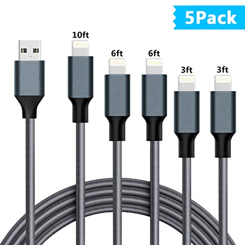 Product Cover SHARLLEN iPhone Charger Cable MFi Certified Lightning Cable 3/3/6/6/10FT 5 Pack Nylon Braided Fast iPhone Charging Cable&Syncing Long Cord Compatible iPhone XS/MAX/XR/8/8P/6S/SE/iPod/iPad Pro (Gray)