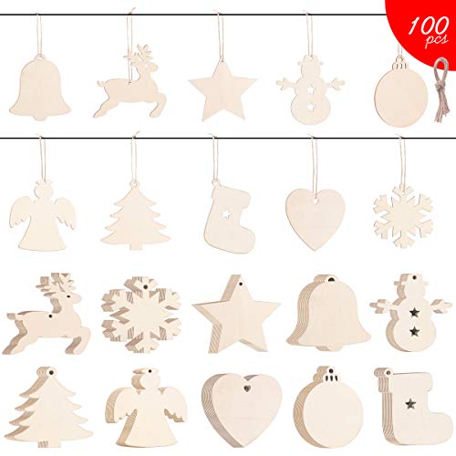 Product Cover Sanglory DIY Wooden Ornaments, 100 Pieces Unfinished Round Natural Wood Slices, Wooden Circles with Hole for Christmas Holiday Decoration Hanging and Kids Craft Centerpieces