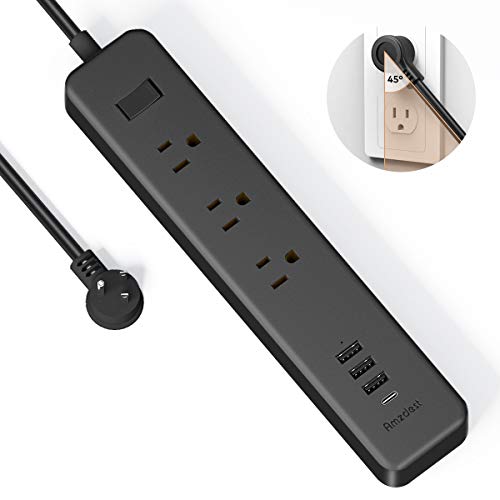 Product Cover USB C Power Strip with Power Delivery, Amzdest Surge Protector with 3 Outlet and 4 USB Ports(1 USB C 18W, 3 USB A 15W), 6.0ft Long Extension Cord for Home and Office, UL Listed Flat Plug 1250W/10A