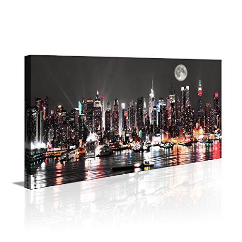 Product Cover New York City Canvas Wall Art,Manhattan Skyline Panorama on Cloudy Night Picture Giclee Art Print,20