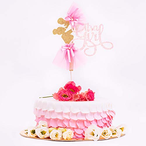 Product Cover Cake Topper It's a Girl - Gender Reveal Cute Cake Cupcake Glittery Gold Pink Letters Topper New Design with Tulle Ribbon Party Supplies Decorations for Baby Girl Birthday Theme Decor Baby Shower Gift