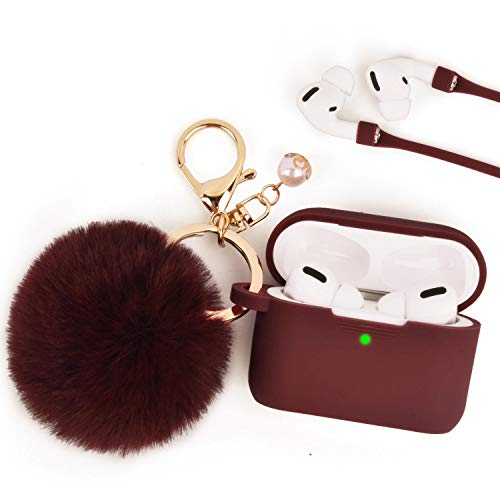 Product Cover Airpods Pro Case, Filoto Airpod Pro Case Cover for Apple AirPods Pro Wireless Charging Case, Cute AirPods 3 Case Silicone Protective Accessories Keychain/Pompom/Strap 2020 Spring (Burgundy pro)
