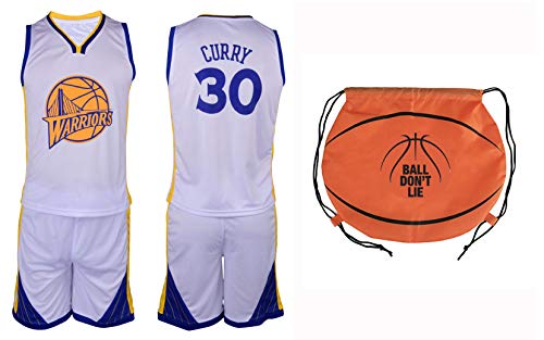 Product Cover Curry Kids Basketball Premium Quality Gift Set Jersey with Shorts Bonus Backpack Youth Sizes (YS 6-8 Years, White with Ball Bag)