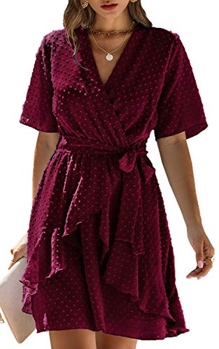 Product Cover ECOWISH Women V Neck Short Sleeve Polka Dot Floral Pattern A-Line Tie Belt Short Dress with Ruffle Irregular Hem Wine Red Large