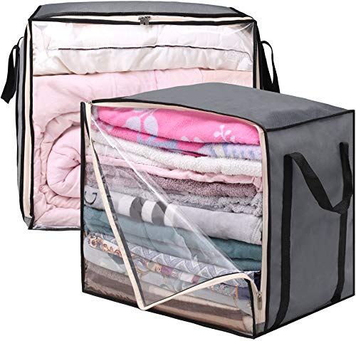 Product Cover MISSLO Clothes Blankets Storage Bags Front Opening Clear Window Zipper Fabric Clothing Organizers Containers for Comforter, Bedding, Sweater, Linen, 2 Pack, 70L, Grey