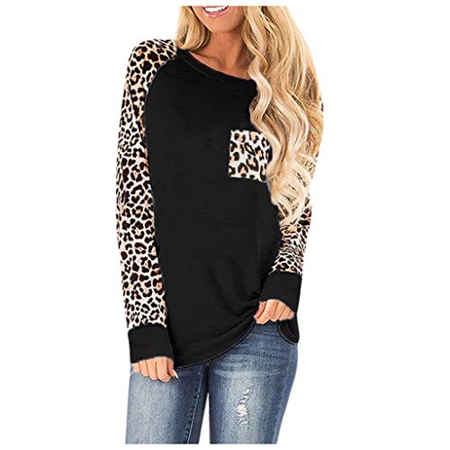 Product Cover TIANRUN Women's Round Neck Leopard Long Sleeve Color Block Pullover Tunics Tops Shirts with Pockets