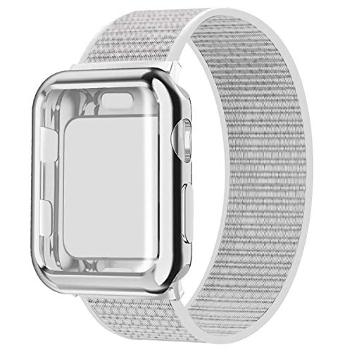 Product Cover JuQBanke Compatible for Apple Watch Band 38mm 40mm 42mm 44mm iWatch Series 5 4 3 2 1 with Screen Protector Case, Sport Weave Strap with Hook and Loop Fastener Replacement Wristband, Summit White