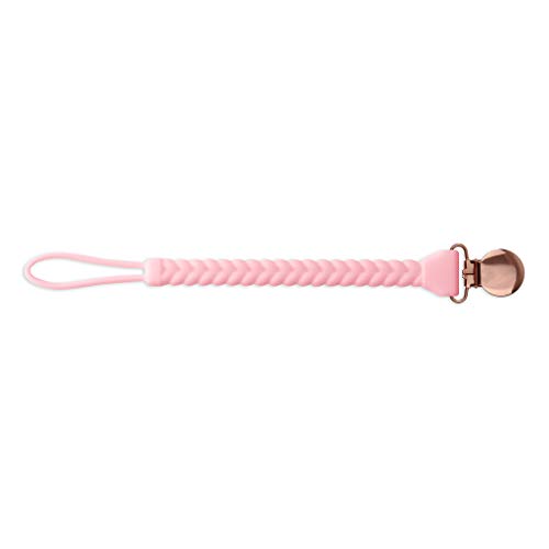 Product Cover Itzy Ritzy Silicone Pacifier Clip; 100% Silicone Pacifier Strap with Clip Keeps Pacifiers, Teethers & Small Toys in Place; Features Cute Braid Detailing and Silicone Cord, Pink with Rose Gold Clip