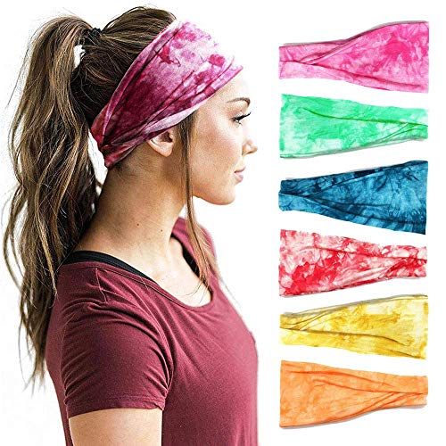 Product Cover Headbands For Women, OFFTESTY Cotton Headbands Yoga Sports Tie Dye Headbands Elastic Non Slip Sweat Bands Sweat Workout Headband Christmas Girls Hair Bands Fashion Colors 6 Pack
