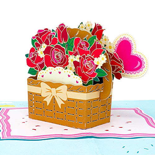 Product Cover Paper Love Flower Basket Pop Up Card, Handmade 3D Popup Greeting Cards, for Valentines Day, Mothers Day, Wedding, Anniversary, Birthday, Love, Thank You, Get Well, All Occasions
