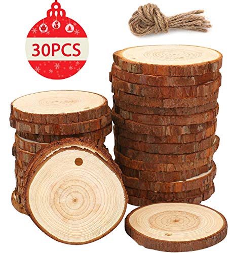 Product Cover Suewio Natural Wood Slices 30 Pcs 2.4-2.8 Inches Craft Wood kit Unfinished Predrilled with Hole Wooden Circles Great for Arts and Crafts Christmas Ornaments DIY Crafts