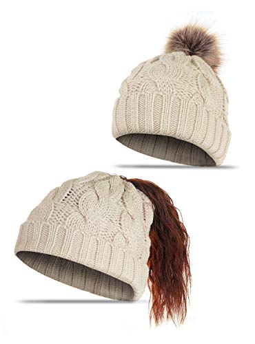 Product Cover Winter Hats for Women, HONYAR Girls Womens Ponytail Beanie Pom Pom Messy Nun with Pony Tail Hole - Soft Cable Acrylic Knit Beanies Hat for Skiing - Slouchy Chunky Baggy Skullcap - Beige White