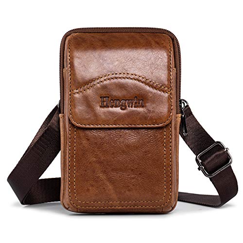 Product Cover Hengwin Genuine Leather Phone Crossbody Bag with Shoulder Strap Men Purse Belt Loop iPhone Holster Cellphone Pouch Case for iPhone 11 Pro Max XS Max XR 8 Plus 7 Plus Samsung Galaxy S10 Note 8 (Brown)