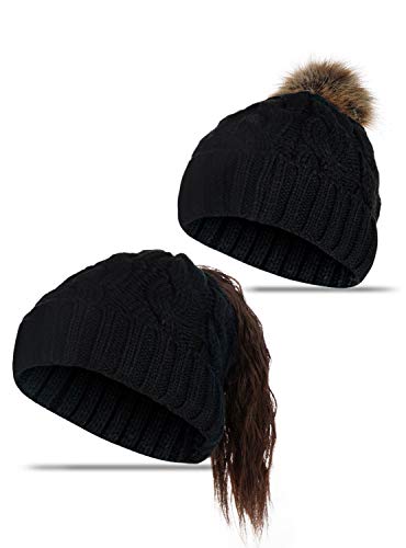 Product Cover Ponytail Beanie, HONYAR Womens Winter Hat - Soft Cable Acrylic Knit Messy Bun Pom Pom Beanies with Pony Tail Hole for Women Girl - Slouchy Chunky Baggy Skull Cap with Removable Puff Ball - Black