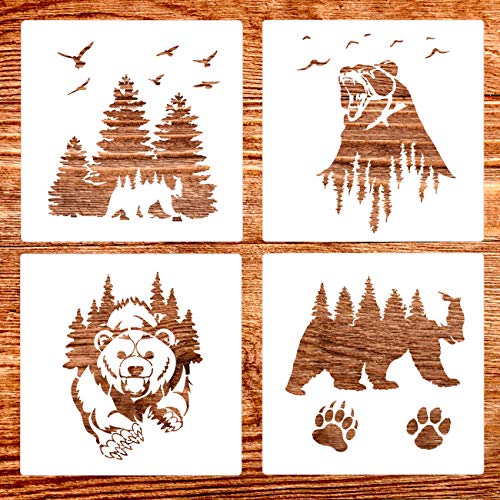 Product Cover 4 Pack (12x12 Inch) Painting Drawing Stencils Forest Bear and Claw Stencil for DIY Rock Painting Art Projects, Reusable