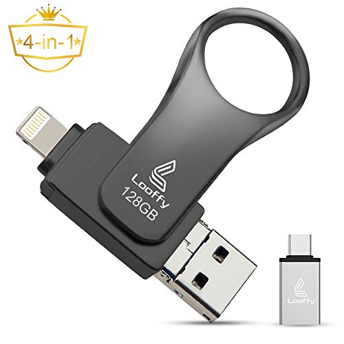 Product Cover USB Flash Drive, Looffy Photo Stick for iPhone, 128GB External Storage Memory iOS Stick Photostick Mobile, Thumb Drive USB 3.0 Compatible iPhone/iPad/Android/PC/Type C Backup OTG Smart Phone-Black