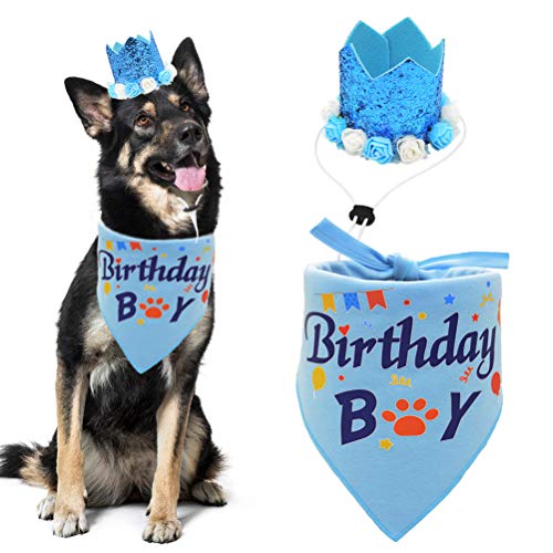 Product Cover Dog Birthday Bandana Boy Scarf and Crown Dog Birthday Hat, Flower Headwear for Medium to Large Dogs