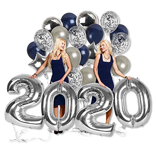 Product Cover Navy and Silver Confetti Balloon 2020 Calendar or Lunar New Years Eve Party Supplies 40 Inch Jumbo 2020 Mylar Foil Number Balloons University College High School Class of 20 Prom Decor NYE Decorations