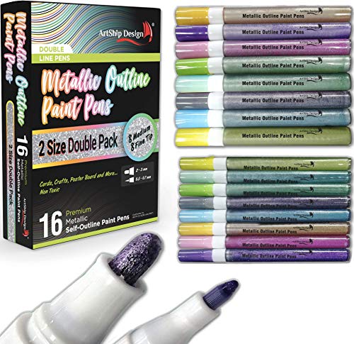 Product Cover 16 Self Outline Metallic Markers, Double Pack of Both Extra Fine Tip and Medium Tip, Double Line Markers, Self Outline Paint Pens, Journal Pens, Scrap Booking, Cards, DIY Crafts
