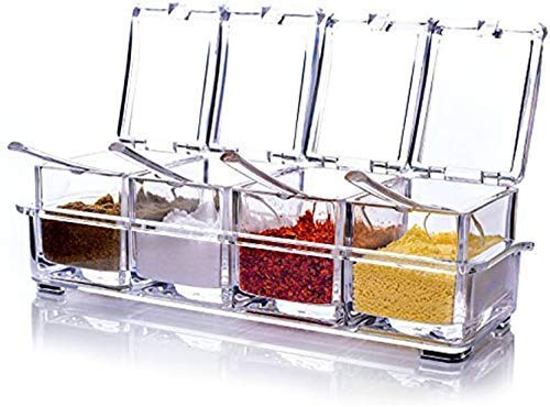 Product Cover StarMart Crystal Seasoning Acrylic Box Pepper Salt Spice Rack Plastic 4 Box with Spoons and See Through Storage Containers Cooking Tools