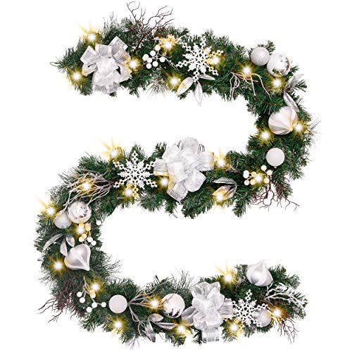 Product Cover Valery Madelyn Pre-Lit 9 Feet/106 Inch Frozen Winter Silver White Christmas Garland with Shatterproof Ball Ornaments, Snowflakes, Pine Cones, Ribbons and Flowers, Battery Operated 40 LED Lights (Renewed)