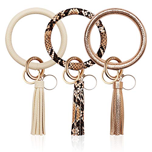 Product Cover 3PCS Key Chains Ring Bracelets, Leather Tassel Bangle Round Key Ring Wristlet Keychain for Women Girl and Valentine Birthday Party Gifts