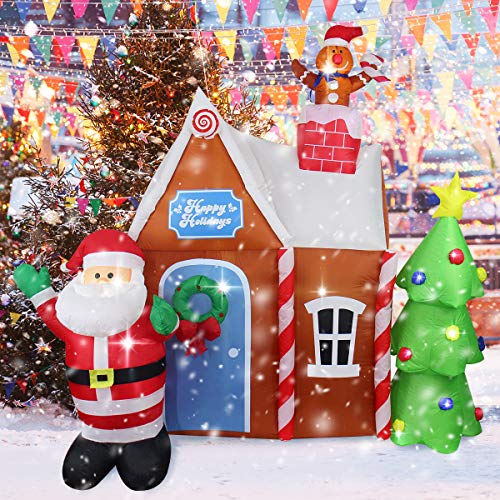 Product Cover ShinyDec Christmas 7ft. Xmas Gingerbread House with Santa Claus Large Quick Inflatable Yard Decoration for Holiday, Brown