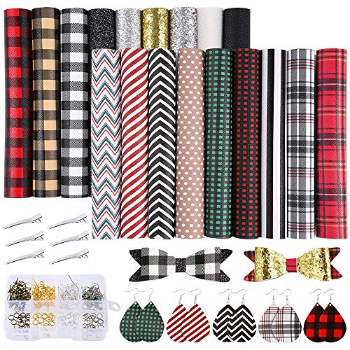 Product Cover Caydo Buffalo Plaid Faux Leather Sheets, 18 Pieces 4 Kinds Classic Faux Leather Sheet with Earring Hooks, Hair Clips for Making Hair Bows and Earrings, 6.3 x 8.3 inch