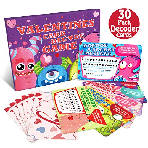 Product Cover Valentine's Day Cards 30pcs Decoder Game for Kids 30 Stickers and Envelopes Monster Theme Gift for Classroom Valentine Party Favor