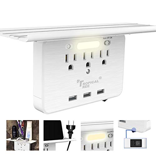 Product Cover Shelf Socket Outlet - Wall Outlet Extender with Large Wall Shelf, Surge Protector with Smart Dusk Nightlights, 3 USB Fast Charging Ports and 3 AC Outlet, Charging Shelf Plug for Smart Phones
